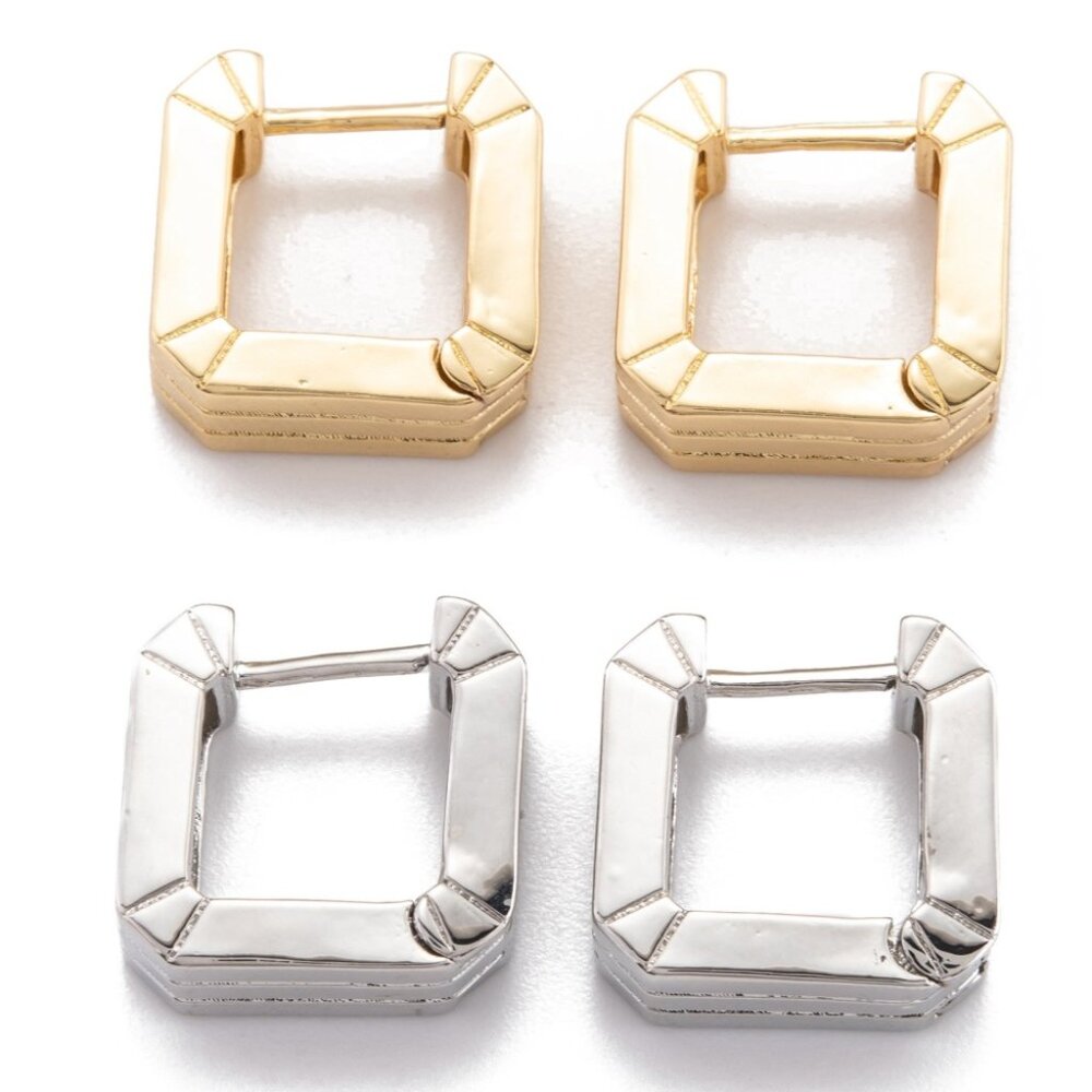 Square textured brass hoop earrings in Silver OR Gold  Cute Chunky Everyday